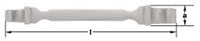 Image of a horizontal double ended valve wheel wrench, showing a top-down view with a slightly thicker central section and tapered ends, shown with measurement lines. The dimensions "a" and "l" are indicated with arrows and lines, representing the object'